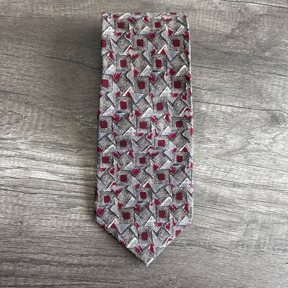 VTG Brandini Le Collezioni Men Silk Necktie Burgundy Grey Geometric Abstract 90s